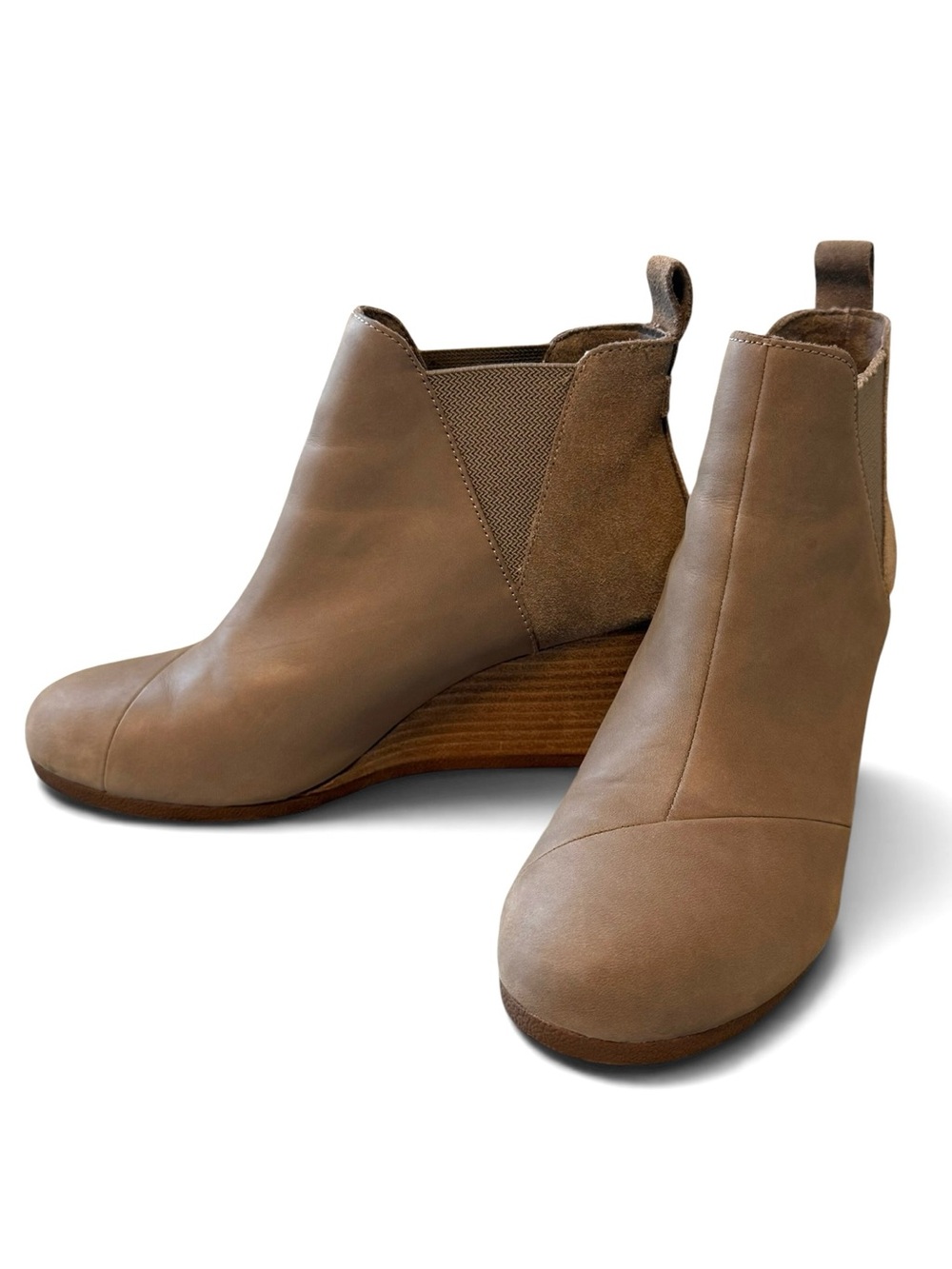 TOMS Taupe Wedge Ankle Booties Size 8 | Leather Chelsea Style